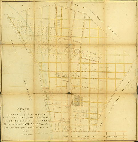 Plan (alternate image), A plan of the District of Southwark situated in the County of Philadelphia in the State of Pennsylvania shewing the intended new roads as laid out by the Commissioners appointed by the General Assembly in the year 1788. Surveyed by John Hills, 1788.