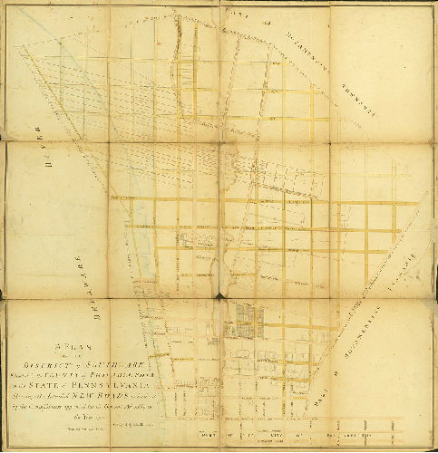 Plan, A plan of the District of Southwark situated in the County of Philadelphia in the State of Pennsylvania shewing the intended new roads as laid out by the Commissioners appointed by the General Assembly in the year 1788. Surveyed by John Hills, 1788.