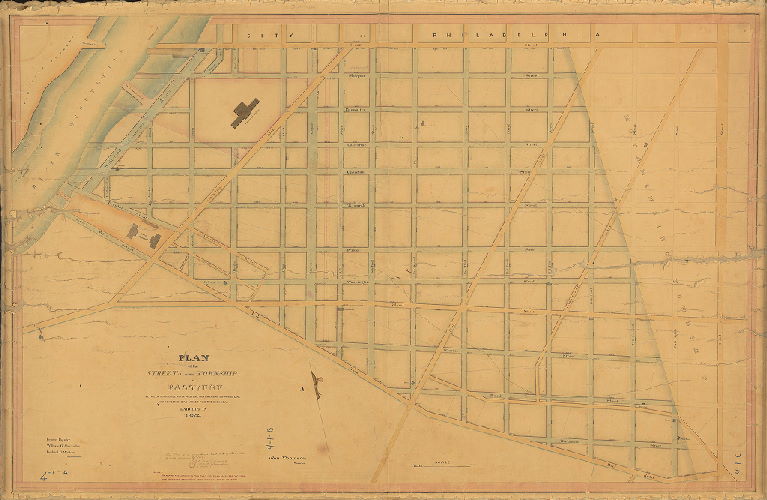 Plan, Plan of the streets in the Township of Passyunk between Schuylkill River and the Moyamensing Township line and between Cedar Street and the Buck Road laid out in 1832. Lemuel Paynter, William G. Alexander, Fredrick G. Wolbert, Commissioners. John Thompson, Surveyor. The report accompanying this plan was filed December 28th, 1832 and confirmed absolutely April 28th, 1833. 