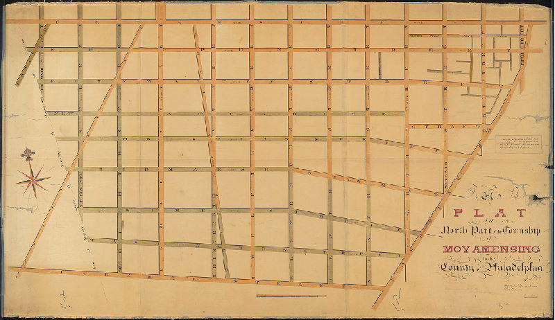 Plan, A plat of the north part of the Township of Moyamensing in the County of Philadelphia. 1829 Aug. 29th, surveyed and delineated by David Coombs. … B. Coombs ex. Confirmed absolutely Ap'l. 27 1830, Road Book Vol. 10 p. 404