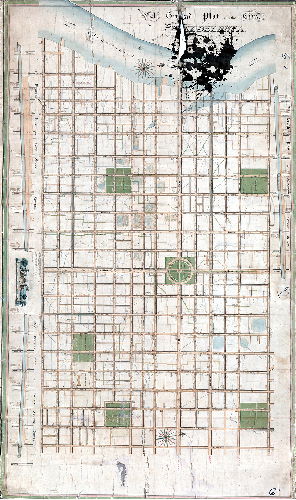 Plan, A ground plat of the City of Philadelphia marking the ascents and descents of streets, elevation for the regulated curbstones, and exhibiting the main tunnels &c. For particulars see the book corresponding herewith. March15th 1809. Reading Howell.
