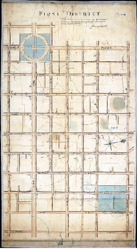 Plan (alternate image), First District. In obedience to an ordinance dated May 1804, surveyed, leveled, and adjusted that part of the City Plat comprehended within this draft. Reading Howell.
