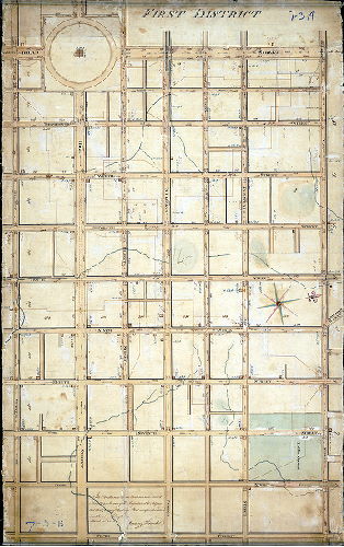 Plan (alternate image), First District. In obedience to an ordinance dated May 1804, surveyed, regulated & adjusted that part of the City Plat comprehended in the above draft. March 23rd, 1808. Reading Howell.