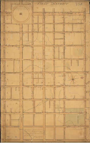 Plan, First District. In obedience to an ordinance dated May 1804, surveyed, regulated & adjusted that part of the City Plat comprehended in the above draft. March 23rd, 1808. Reading Howell.