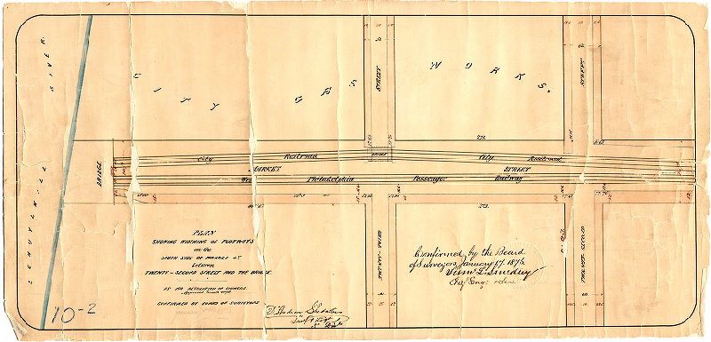 Plan, Plan showing widening of footways on the south side of Market St. between Twenty-Second Street and the bridge. As per resolution of Councils. Approved June 9, 1875. Confirmed by Board of Surveyors, January 17, 1876.