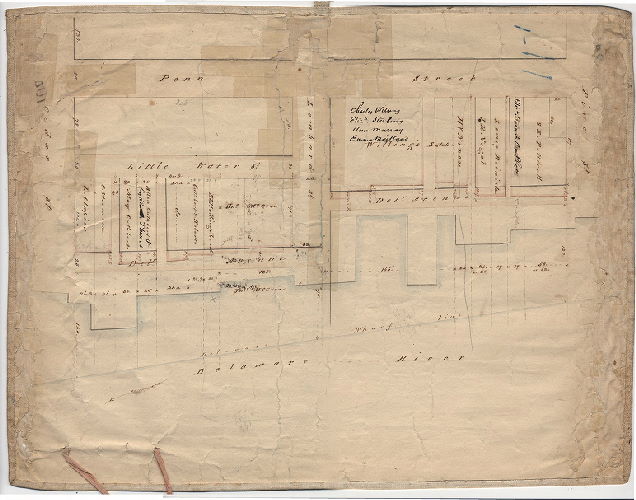 Plan, [Handwritten title on reverse: "Delaware Avenue From Pine to Cedar St., Filed July 29th 1839" According to Plan Book 1, in Streets Dept., City Plans Unit, this plan was made "to accompany report of [road] jury to Court of Quarter Sessions] 