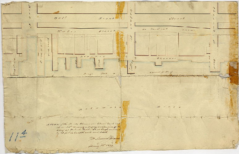 Plan, A plan of the streets wharves etc. between Dock and Chestnut St. shewing a proposed extension of the wharf at Walnut Street 90 ft. in length eastward by 50 feet in breadth north and south. Pr Samuel Hains February 18th 1834.
