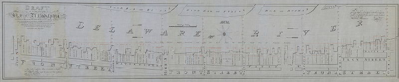 Plan, Draft of the East Front of the City of Philadelphia on the River Delaware from Cedar to Vine Streets, exhibiting the public and private wharves, and docks, with the indented front line formed by the buildings, with the front dimensions and definitions of the respective properties, and depth of water found in the line of each street across the channel, to the Island and sand bars. This survey and delineation of the eastern front of the City was executed by the subscriber in conformity to a resolution of the City Councils dated 25 April 1811, for the use of the Wardens of the Port, a duplicate of which is deposited in their office. Philadelphia, 16th September 1811. Reading Howell. Copy [by] W. Morrell April 1905.