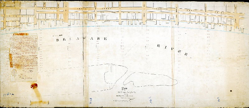 Plan (alternate image), Plan of the Delaware [River] Front of the City shewing the wharf line as fixed by the City Councils and approved by the Wardens.