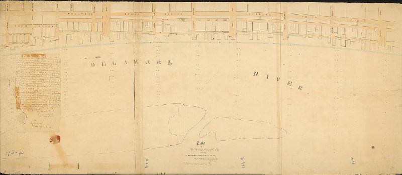 Plan, Plan of the Delaware [River] Front of the City shewing the wharf line as fixed by the City Councils and approved by the Wardens.