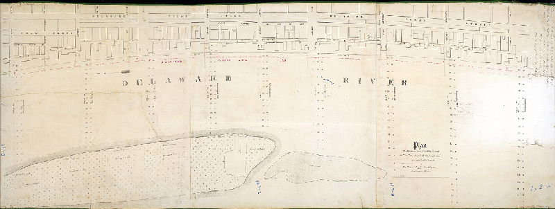 Plan (alternate image), Plan of the Delaware Front of the City, shewing the wharf line as fixed by the City Councils and approved by the Wardens. N.B. The island sandbars and soundings were taken at low water mark, together with alteration proposed 1843 [Attachment: copies of authorizing legislation]