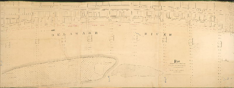Plan, Plan of the Delaware Front of the City, shewing the wharf line as fixed by the City Councils and approved by the Wardens. N.B. The island sandbars and soundings were taken at low water mark, together with alteration proposed 1843 [Attachment: copies of authorizing legislation]