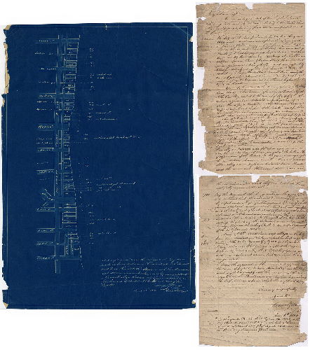 Plan, A draft describing the alleys and passages leading from Delaware Front Street to Water Street and from thence to the river -- with their dimensions and distance from each other, and the principal streets -- the small alleys that are colorered [sic] are supposed to be those laid out by virtue of the regulation of the banks. Samuel Hains, June 23rd 1820. [Attachment: report from Samuel Hains for Joseph Lewis, on the legal status of the alleys and passages depicted in the plan, June 6, 1820] 