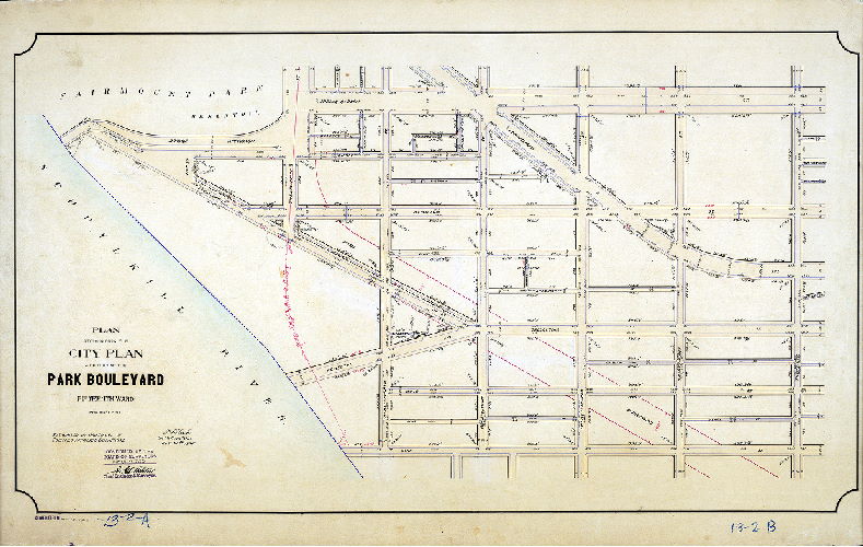 Plan (alternate image), Plan striking from the City Plan a portion of the Park Boulevard. Fifteenth Ward, Philadelphia. [Ordinance Dec. 14, 1894; survey returned Feb. 20, 1895; confirmed March 18, 1895]
