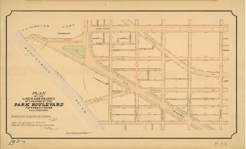 Plan, Plan of the lines and grades of a portion of the Park Boulevard, Fifteenth Ward, Philadelphia [Ordinance April 12, 1892; survey returned April 1893; confirmed June 12, 1893]