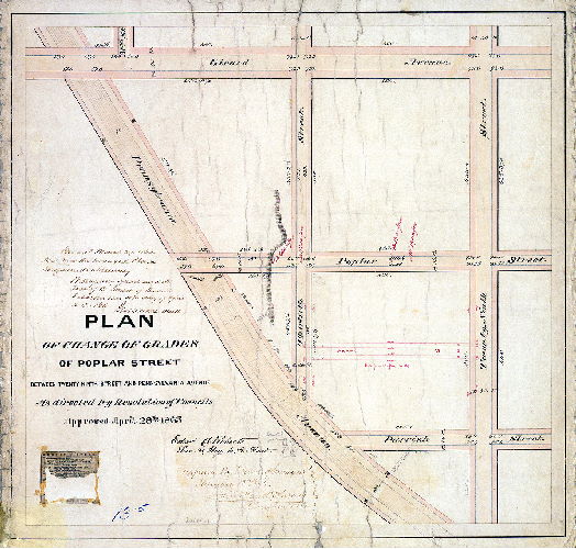 Plan, Plan of change of grades of Poplar Street, between Twenty-ninth Street and Pennsylvania Avenue [Resolution April 28, 1865; approved Jan. 15, 1866]