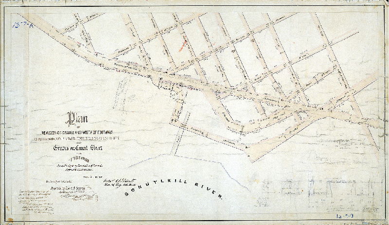 Plan (alternate image), Plan of revisions of grades and width of footways on Pennsylvania Avenue between Coats Street and Poplar Street, and of grades on Canal Street in the 15th Ward [Resolution June 23, 1862; surveyed 1862; confirmed by Court May 18, 1863]