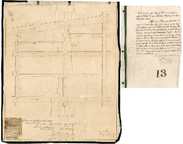 Plan, Plan of the revised survey of part of the 15th Ward [Approved by Board of Surveyors June 15, 1857. Attachment: Court confirmation of plan]