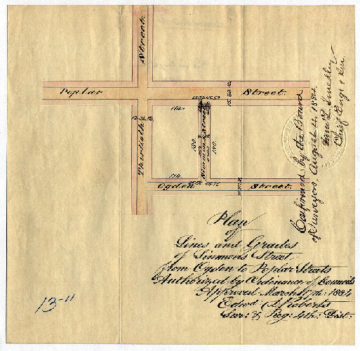 Plan, Plan of lines and grades of Simmonds Street from Ogden to Poplar Streets [Ordinance March 17, 1884; confirmed Aug. 4, 1884]
