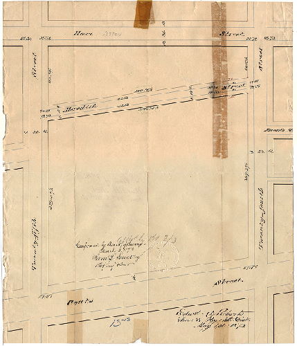 Plan, [Handwritten title on reverse: "Plan of Meredith Street from 24th to 25th St., 15th Ward." Survey returned May 1, 1872; confirmed March 3, 1873]