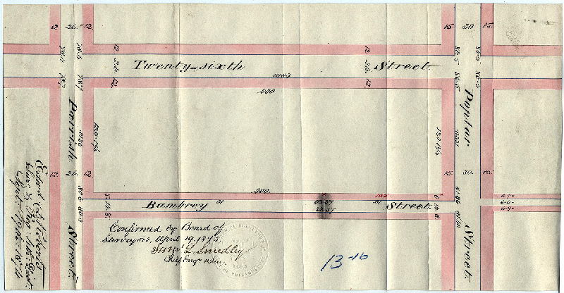 Plan, [No title. Bambrey Street, Poplar to Parrish Sts. Survey returned Sept. 19, 1874; confirmed April 19, 1875]