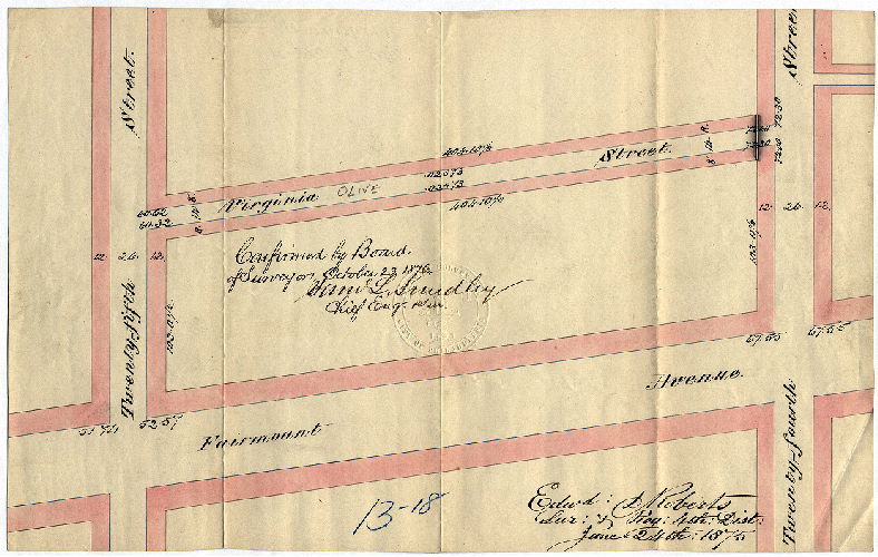 Plan, [Handwritten title on reverse: "Virginia St., 24th to 25th St." Survey returned June 24, 1875; confirmed Oct. 23, 1876]