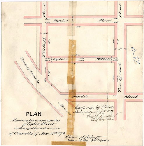 Plan, Plan showing lines and grades of Ogden Street [Ordinance Nov. 13 1876; confirmed Jan. 15, 1877]