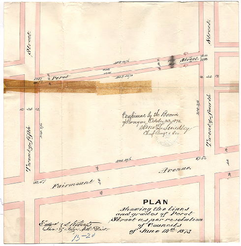 Plan, Plan showing the lines and grades of Perot Street [Resolution June 14, 1873; confirmed Oct. 23, 1876]