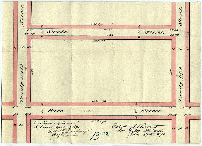 Plan, [Handwritten title on reverse: "Swain St., 25th to 26th St." Survey returned June 29, 1874; resolution March 11, 1875; confirmed April 19, 1875]