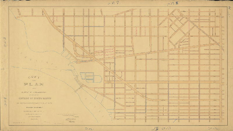 Plan, Copy of the plan of the survey and regulation of part of the District of Spring Garden as revised in pursuance of two Acts of Assembly passed respectively the 7th day of April anno Domini 1845 and the 14th day of March [1846] [Based on "worn and defaced" original as of 1900. Copy by Edwin M. Evans, June 1, 1900. See 013-09 HP for the original plan] 