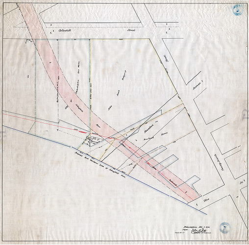 Plan, Philadelphia, Feb. 1,1888. (signed) John M. Dye, Engineer and Surveyor. [Property of Schuylkill River East Side Railroad from 24th Street north, along the Schuylkill River]