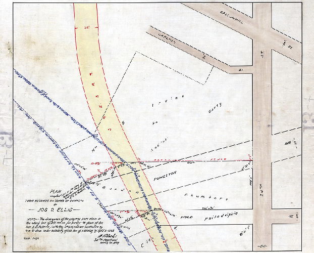 Plan, Plan compiled from records and copies of surveys for Jos. D. Ellis….F. Bloch, Surveyor & Regulator, 4th District, March 20, 1899. [Plans shows line of Schuylkill River East Side Railroad in vicinity of 24th and Powelton]