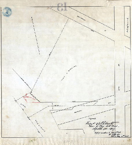 Plan, [No title. Property along Schuylkill River, between 24th St. and Powelton Ave., belonging to John J. Ridgway. Surveyed by Edward D. Roberts, April 1, 1869]