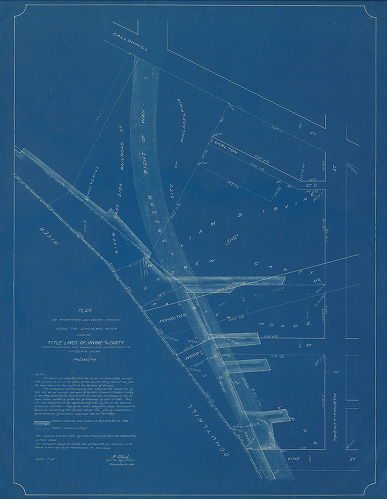 Plan (alternate image), Plan of properties and water fronts along the Schuylkill River showing title lines of Irvine and Carty, former and revised Port Wardens Lines, Wharves, Docks, etc., Fifteenth Ward, Philadelphia