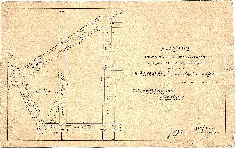 Plan, Plan showing the revision of the lines and grades of that portion of the City Plan bounded by 63rd St., 64th St., Jefferson St. and Lebanon Ave. [Ordinance June 12, 1899; confirmed Nov. 20, 1899]