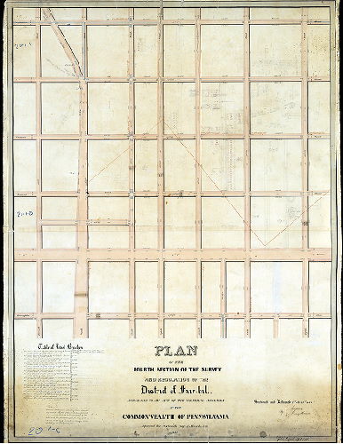 Plan (alternate image), Plan of the Fourth Section of the survey and regulation of the District of Fair-hill [Fairhill], agreeably to an Act of the General Assembly of the Commonwealth of Pennsylvania approved the sixteenth day of March A.D. 1847. Surveyed and returned 2nd mo. 21st 1848 by Joseph Fox, Henry Haines. Filed April 4th, 1848