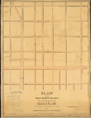 Plan, Plan of the Fourth Section of the survey and regulation of the District of Fair-hill [Fairhill], agreeably to an Act of the General Assembly of the Commonwealth of Pennsylvania approved the sixteenth day of March A.D. 1847. Surveyed and returned 2nd mo. 21st 1848 by Joseph Fox, Henry Haines. Filed April 4th, 1848