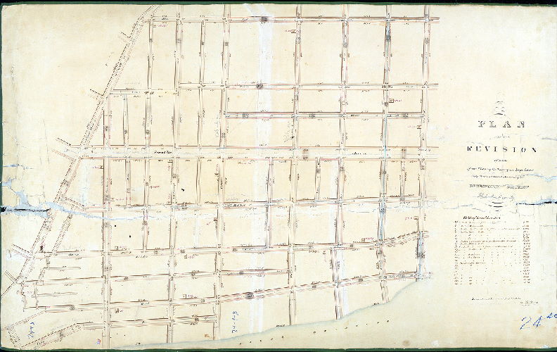 Plan (alternate image), Plan of the revision of parts of the plans of the survey and regulation of the First and Second Divisions of the Kensington District, Philada. County. Revised and returned Feby 3rd 1834 by B. Moore