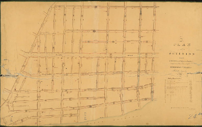 Plan, Plan of the revision of parts of the plans of the survey and regulation of the First and Second Divisions of the Kensington District, Philada. County. Revised and returned Feby 3rd 1834 by B. Moore