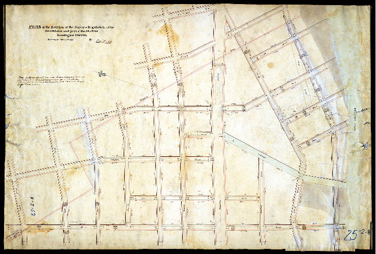 Plan, Plan of the revision of the survey & regulation of the 6th Division and part of the 5th, of the Kensington District. Returned Jany 7th 1845, by Benj. Moore.