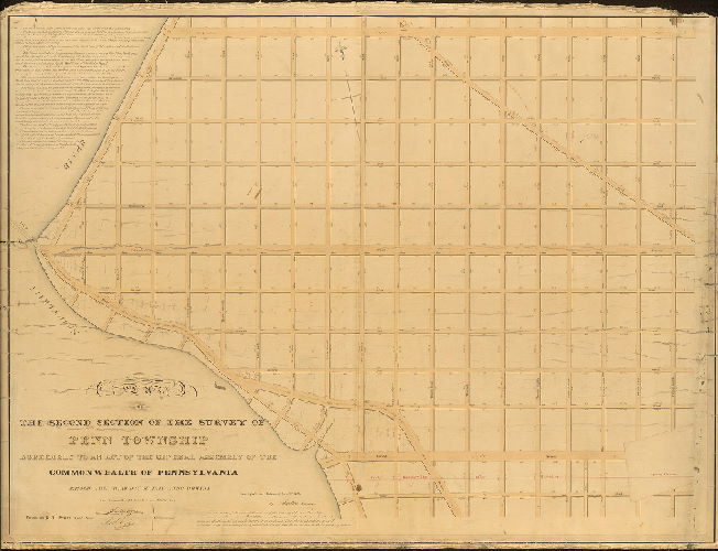 Plan, Plan of the Second Section of the survey of Penn Township, agreeably to an Act of the General Assembly of the Commonwealth of Pennsylvania, passed the third day of May anno Domini One thousand eight hundred and thirty-two. Surveyed and returned Jan. 2nd 1838, Joseph Fox. Drawn by R. M. Sexton, Asst. Surveyor