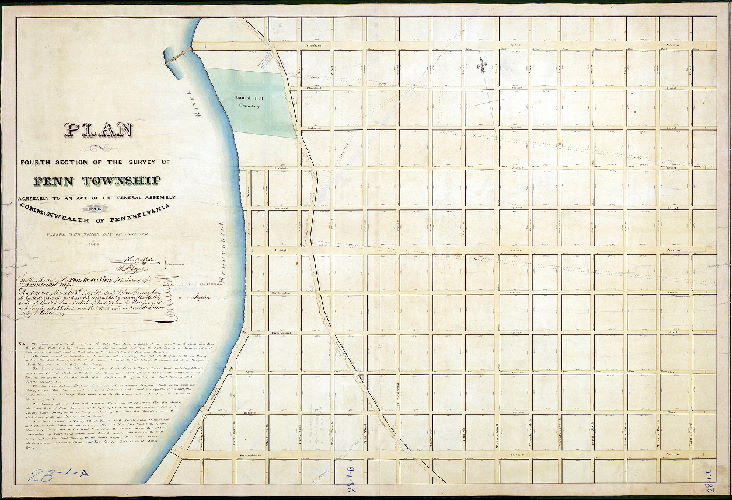 Plan (alternate image), Plan of the Fourth Section of the survey of Penn Township, agreeably to an Act of the General Assembly of the Commonwealth of Pennsylvania, passed the third day of May A.D. 1832. Surveyed and returned 1st Mo 12th 1841 by Joseph Fox, Surveyor.