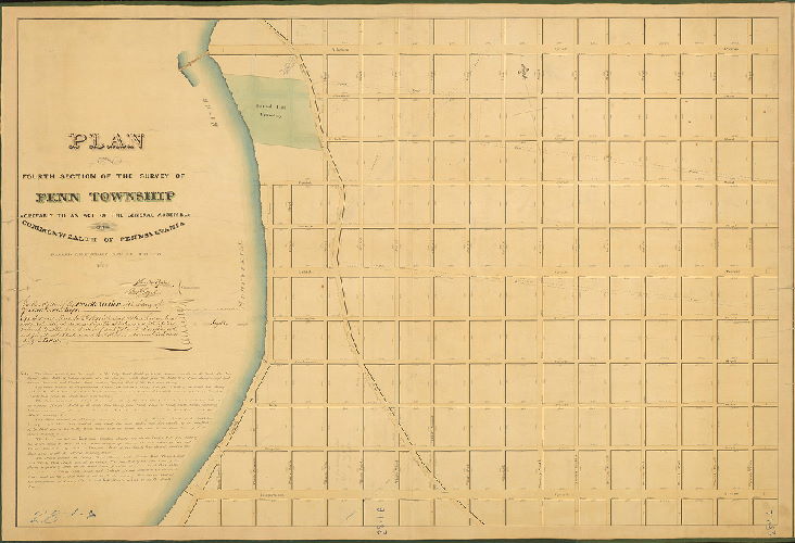 Plan, Plan of the Fourth Section of the survey of Penn Township, agreeably to an Act of the General Assembly of the Commonwealth of Pennsylvania, passed the third day of May A.D. 1832. Surveyed and returned 1st Mo 12th 1841 by Joseph Fox, Surveyor.