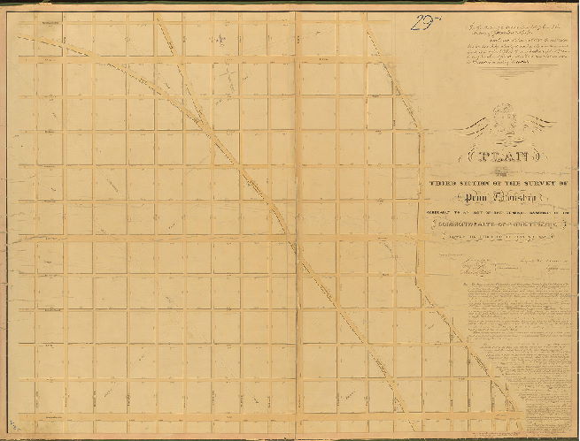 Plan, Plan of the Third Section of the survey of Penn Township, agreeably to an Act of the General Assembly of the Commonwealth of Pennsylvania, passed the third day of May A.D. 1832. Surveyed & returned 9 mo. 20th 1838. Joseph Fox, Surveyor.