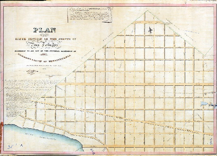 Plan (alternate image), Plan of the Sixth Section of the survey of Penn Township, agreeably to an Act of the General Assembly of the Commonwealth of Pennsylvania, passed the third day of May AD 1832, surveyed and returned 1st mo. 19th 1841 by Joseph Fox. [Attachment not scanned: letter from Joseph Siddall, 1856, regarding changes, in plan, refers to St. James the Less]