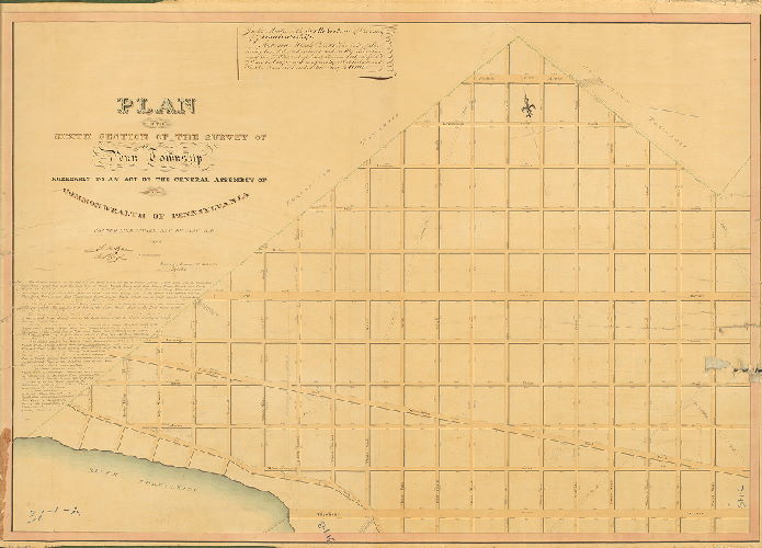Plan, Plan of the Sixth Section of the survey of Penn Township, agreeably to an Act of the General Assembly of the Commonwealth of Pennsylvania, passed the third day of May AD 1832, surveyed and returned 1st mo. 19th 1841 by Joseph Fox. [Attachment not scanned: letter from Joseph Siddall, 1856, regarding changes, in plan, refers to St. James the Less]
