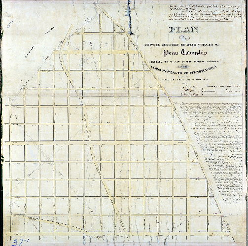 Plan (alternate image), Plan of the Fifth Section of the survey of Penn Township, agreeably to an Act of the General Assembly of the Commonwealth of Pennsylvania, passed the third day of May AD 1832, surveyed and returned 9 mo. 20 1839 by Joseph Fox.