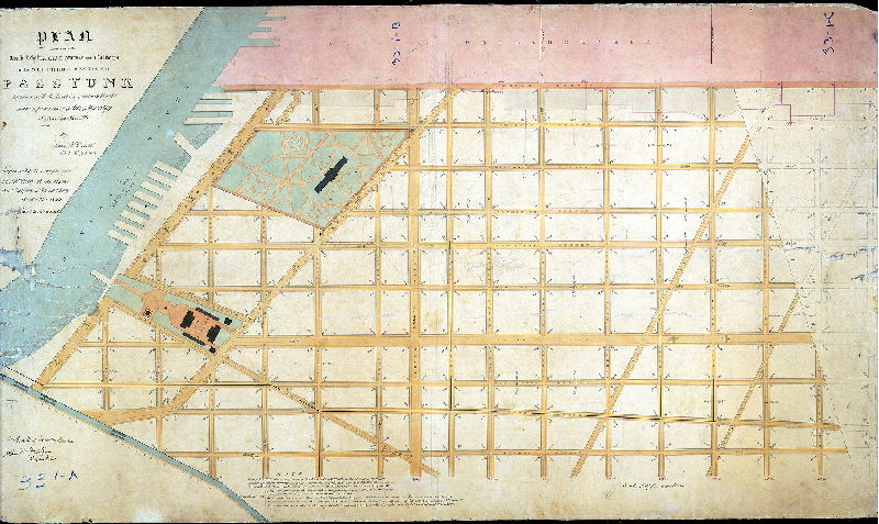 Plan (alternate image), Plan exhibiting the curb heights, water courses and culverts in the Northern Section of Passyunk together with the location of certain streets made in pursuance of Acts of Assembly passed June 21st, 1839 and by Saml. H. Kneass, Civil Engineer. Approved by Commissioners October 21st, 1840. Confirmed Decr. 12th, 1840.