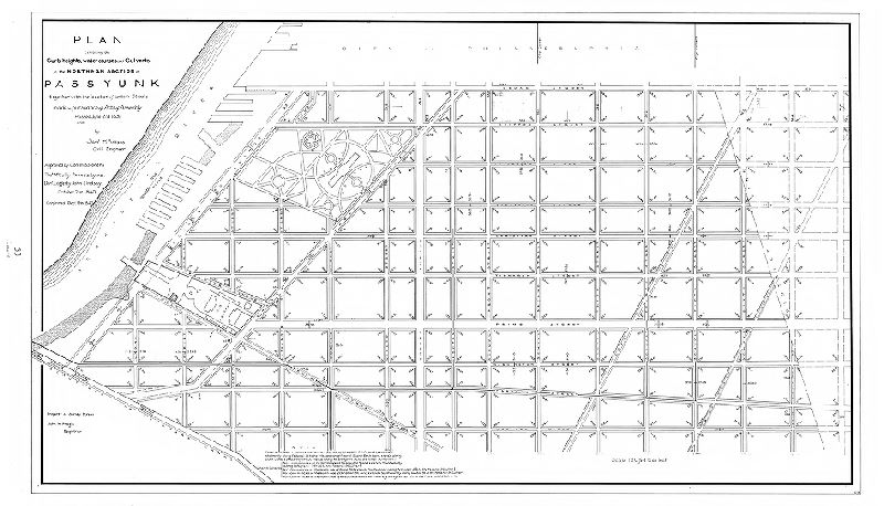 Plan, Plan exhibiting the curb heights, water courses and culverts in the Northern Section of Passyunk together with the location of certain streets made in pursuance of Acts of Assembly passed June 21st, 1839 and by Saml. H. Kneass, Civil Engineer. Approved by Commissioners October 21st, 1840. Confirmed Decr. 12th, 1840.