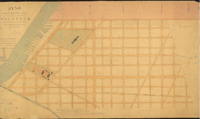 Plan, Plan exhibiting the curb heights, water courses and culverts in the Northern Section of Passyunk together with the location of certain streets made in pursuance of Acts of Assembly passed June 21st, 1839 and by Saml. H. Kneass, Civil Engineer. Approved by Commissioners October 21st, 1840. Confirmed Decr. 12th, 1840.